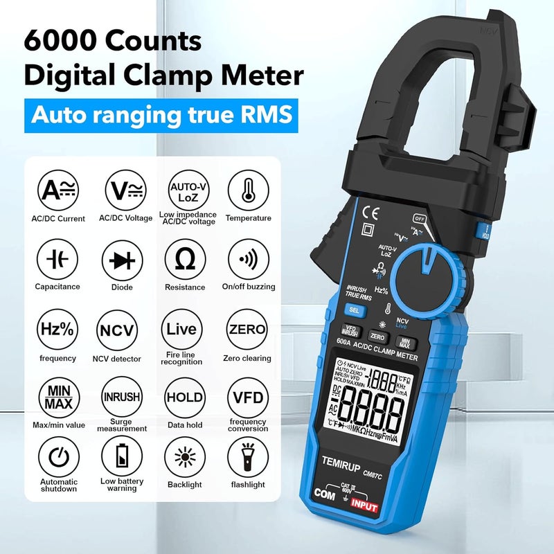 Temirup Clamp Meter, Digital Inrush Clamp Meter Multimeter 6000 Counts 600A Voltage Tester with VFD, LOZ, Volt Amp Meter Measures AC/DC Voltage Current Continuity Capacitance Resistance Temperature - Image 2